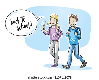 Happy school boy and girl, showing thumb up, with speech bubble. Back to school concept. Hand drawn line art cartoon vector illustration