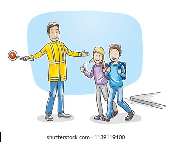 Happy school boy and girl, showing thumb up, while crossing street with traffic warden. Concept for safe way to school. Hand drawn line art cartoon vector illustration