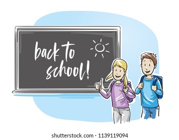 Happy school boy and girl, standing in front of a blackboard, showing thumb up. Back to school concept. Hand drawn line art cartoon vector illustration
