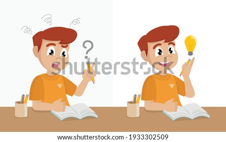 Happy School boy having trouble with his homework and  hard think