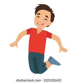 Happy school boy jumping and laughing isolated on white background. Concept of happiness, gladness and fun. Vector illustration for banner, poster, website, invitation.