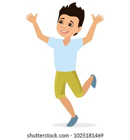 Happy school boy jumping and laughing isolated on white background. Concept of happiness, gladness and fun. Vector illustration for banner, poster, website, invitation.