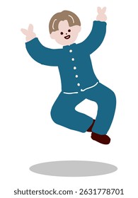 Happy School Boy Jumping with Peace Signs