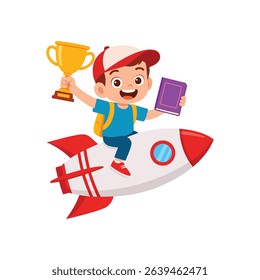 Happy School Boy Riding Rocket with Trophy and Book – Success and Education Concept Illustration