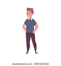 Happy school boy in uniform standing on blank background flat vector illustration
