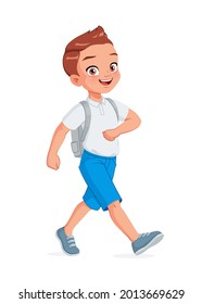 Happy school boy walking with backpack. Cartoon vector illustration isolated on white background.