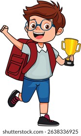 happy school boy won a thropy