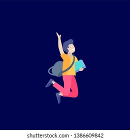 Happy school child joyfully jumping and laughing on background. Concept of happiness, gladness and fun. Vector illustration for banner, poster, website, invitation.