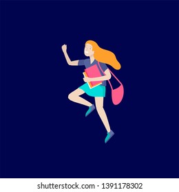 Happy school child joyfully jumping and laughing on background. Concept of happiness, gladness and fun. Vector illustration for banner, poster, website, invitation.
