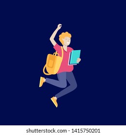 Happy school child joyfully jumping and laughing on background. Concept of happiness, gladness and fun. Vector illustration for banner, poster, website, invitation.