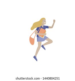 Happy school child joyfully jumping and laughing on background. Concept of happiness, gladness and fun. Vector illustration for banner, poster, website, invitation.