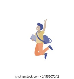 Happy school child joyfully jumping and laughing on background. Concept of happiness, gladness and fun. Vector illustration for banner, poster, website, invitation.