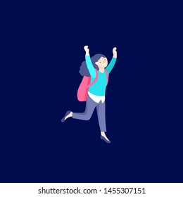 Happy school child joyfully jumping and laughing on background. Concept of happiness, gladness and fun. Vector illustration for banner, poster, website, invitation.