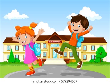 Happy school children with backpack on school building background