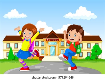 Happy school children with backpack on school building background