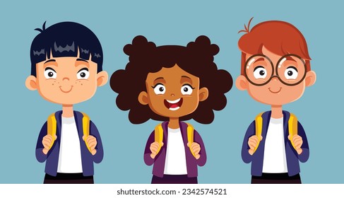 
Happy School Children with Backpacks Vector Cartoon illustration. Multicultural diverse group of kids going back to school
