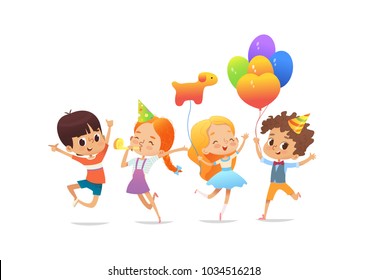 Felices escolares con sus globos y sombreros de cumpleaños saltando alegremente contra el fondo blanco. Ilustración vectorial del cumpleaños para banner del sitio web, afiche, volante, invitación. Aislado.