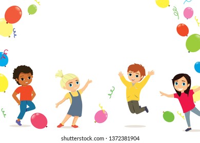 Happy school children with the balloons and birthday hats joyfully jumping against white background. Birthday party vector illustration for website banner, poster, flyer, invitation. Isolated.