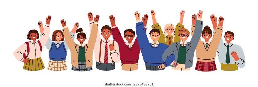 Happy school children, boys and girls group jwth arms up. Kids students, classmates portrait. Pupils friends together. Schoolkids raising hands. Flat vector illustration isolated on white background