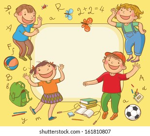 Happy School Children Card. Back to School and Sport isolated objects on yellow background. Great illustration for a school books and more. VECTOR. Editorial. Education. Advertising. Board.