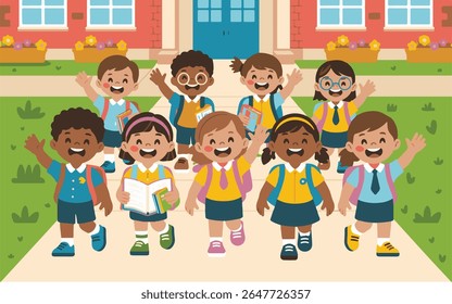 Happy School Children Cartoon Vector – Multicultural Kids with Backpacks and School Supplies
