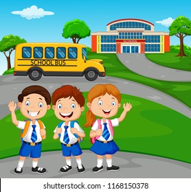 Happy school children in front of the school