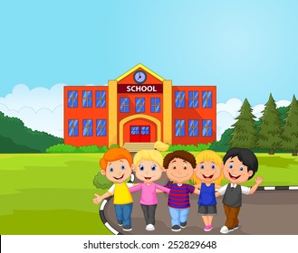 Niños felices frente a la escuela