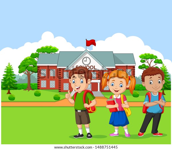 Happy School Children Front School Stock Vector (Royalty Free ...