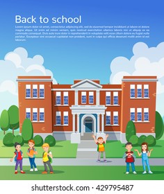 Happy school children in front of school. design template