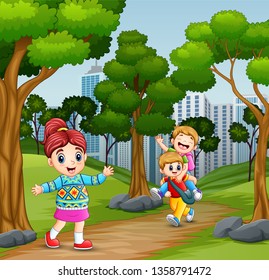 Happy school children going to school