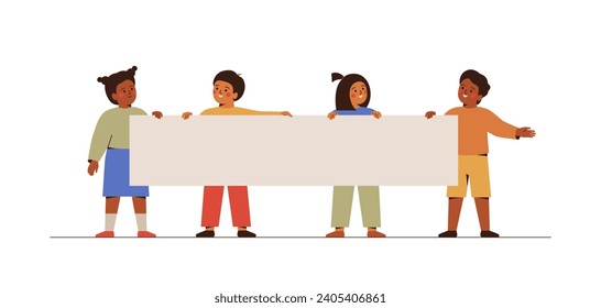 Happy school children hold empty poster together. Multicultural Group of kids with blank paper bill. Cheerful elementary pupils, kindergarten girls and boys with horizontal board. Vector illustration