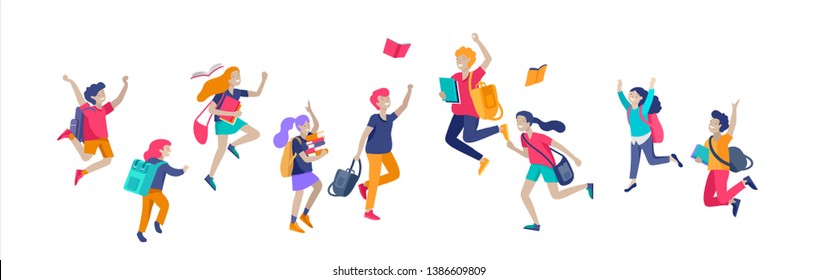 Happy school children joyfully jumping and laughing isolated on white background. Concept of happiness, gladness and fun. Vector illustration for banner, poster, website, invitation.