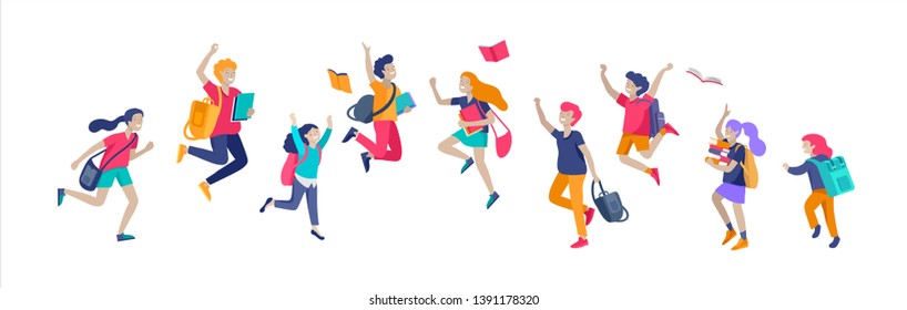 Happy school children joyfully jumping and laughing isolated on white background. Concept of happiness, gladness and fun. Vector illustration for banner, poster, website, invitation.