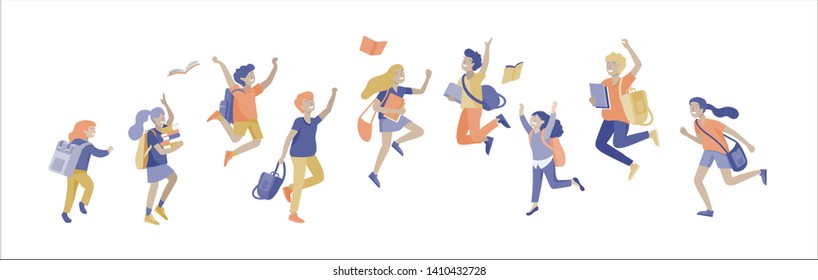 Happy school children joyfully jumping and laughing isolated on white background. Concept of happiness, gladness and fun. Vector illustration for banner, poster, website, invitation. - Shutterstock ID 1410432728