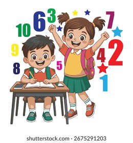 Happy School Children Learning with Numbers and Stars Illustration