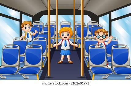 Happy school children on the school bus