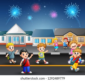 Happy school children playing in the street of a suburban neighborhood