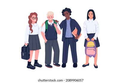 Happy school children portrait. Boys and girls classmates. Diverse kids friends standing together. Group of schoolkids in formal apparels. Flat vector illustration isolated on white background