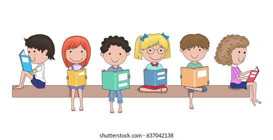 Happy school children reading books in their hands cartoon
