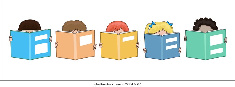 Happy school children reading Large books in their hands cartoon
