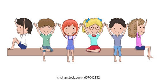 Happy school children rejoicing with their arms raised cartoon
