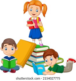 Happy school children with stack of book