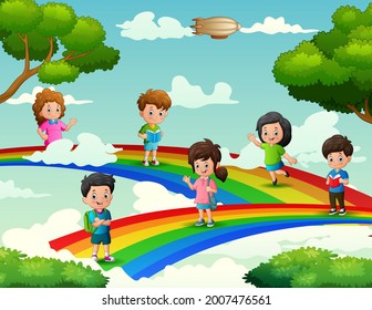 Happy school children standing on the rainbow illustration