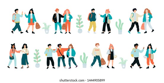 Happy school children standing together set. Kid with backpack. Education and learning concept. Isolated vector illustration in cartoon style