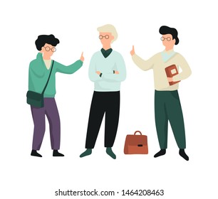 Happy school children standing together. Kid with backpack. Education and learning concept. Isolated vector illustration in cartoon style