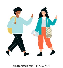 Happy school children standing together. Kid with backpack. Education and learning concept. Isolated vector illustration in cartoon style