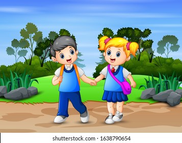 Happy school children walking pass through in park