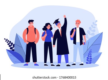 Happy school or college graduate. Student wearing gown and hat, celebrating graduation with friends flat vector illustration. Education, ceremony concept for banner, website design or landing web page