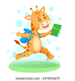 Happy school giraffe with book jumping for joi and laughing isolated on white background with bubbles . Cartoon character back to school concept Illustration of happiness, gladness and fun. 