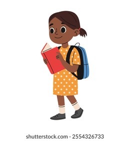 Happy school girl with school backpack reading book. Education concept. Hand drawn illustration